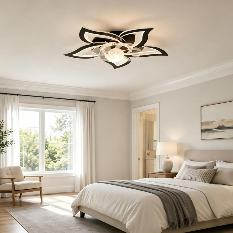 24in Modern Floral Flush Mount Ceiling Fan with LED Light, 24" Wide