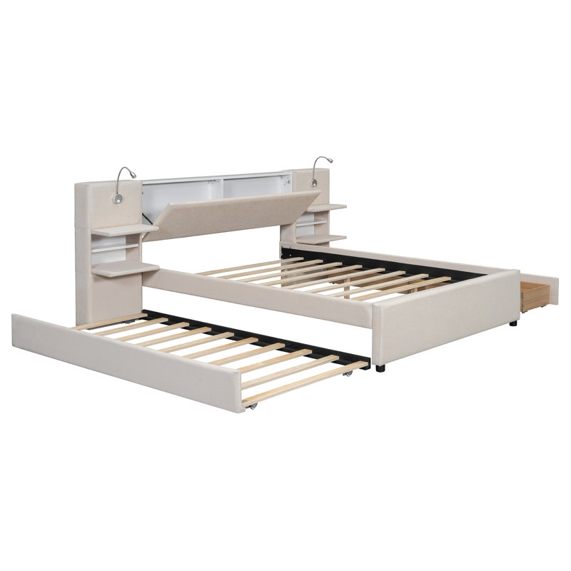 Lit plateforme en lin avec lampes de lecture et tiroirs de rangement gigogne, Beige
