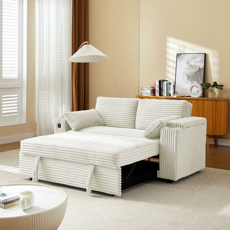 Canapé-lit avec causeuse avec accoudoirs de rangement et port USB, Beige