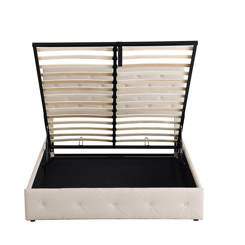 Lit plateforme tapissier double avec système de rangement hydraulique, Beige, Grand