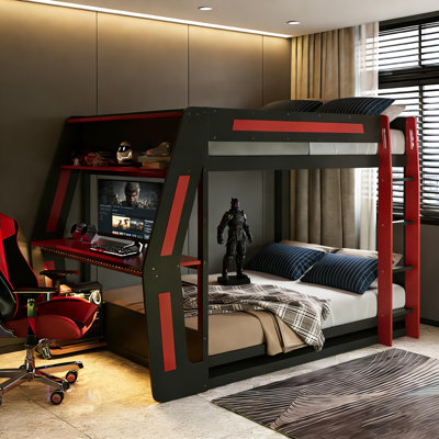 Lit superposé double au dessus d'un lit double avec bureau d'ordinateur éclairé, prises de courant et tablettes de rangement