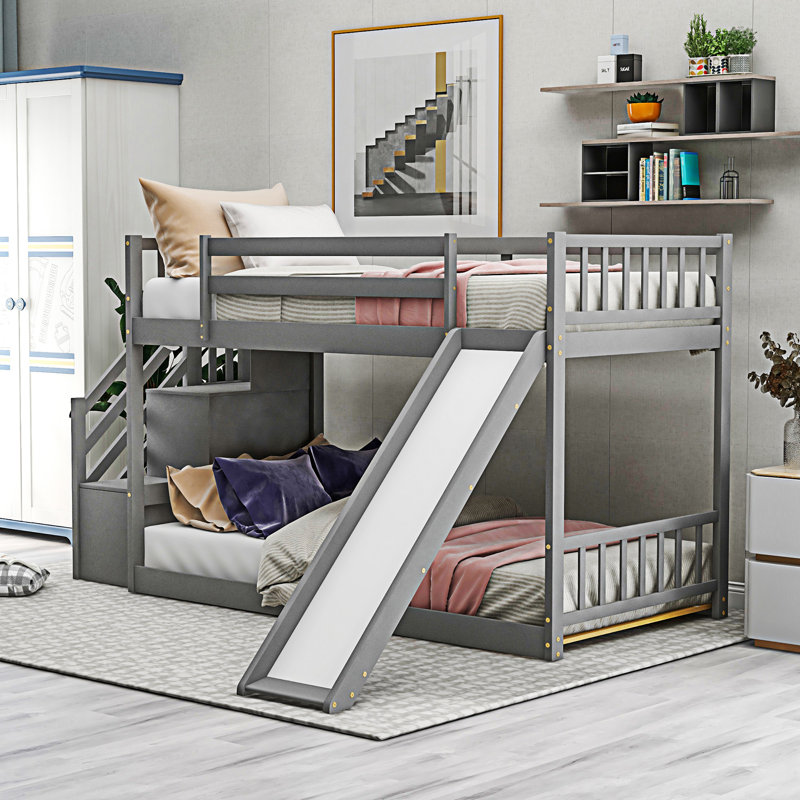 Lit superposé avec glissière convertible et escalier, Gris