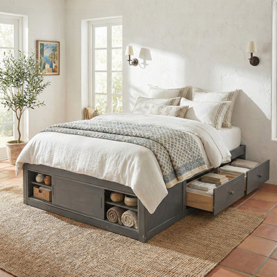 Queen Size Platform Bed Frame with 4 Storage Drawers and Footboard Storage Cubby, No Headboard, Modern Space-Saving Design-Gray
