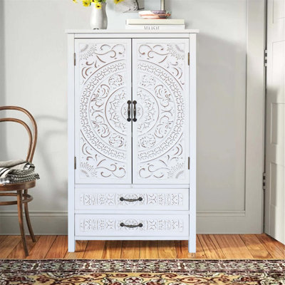 27'' Accent Tall Tower White Storage Cabinet - Rustic Wood Sideboard Pantry with Two Doors and Drawers for Home Decor and Organization