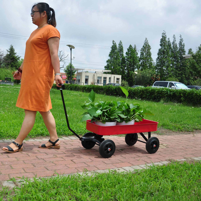 Garden Cart Reuniong  Railing,  Solid Wheels, All Terrain Cargo Wagon With 280Lbs Weight Capacity, Red