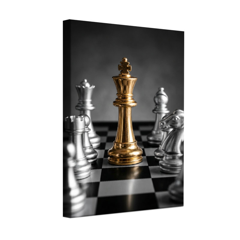 Abstrait roi doré entouré de pièces d'échecs argentées, H 36 po x l 24 po