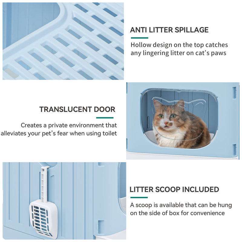 Plastic Enclosed Litter Box with Scoop, Light Blue
