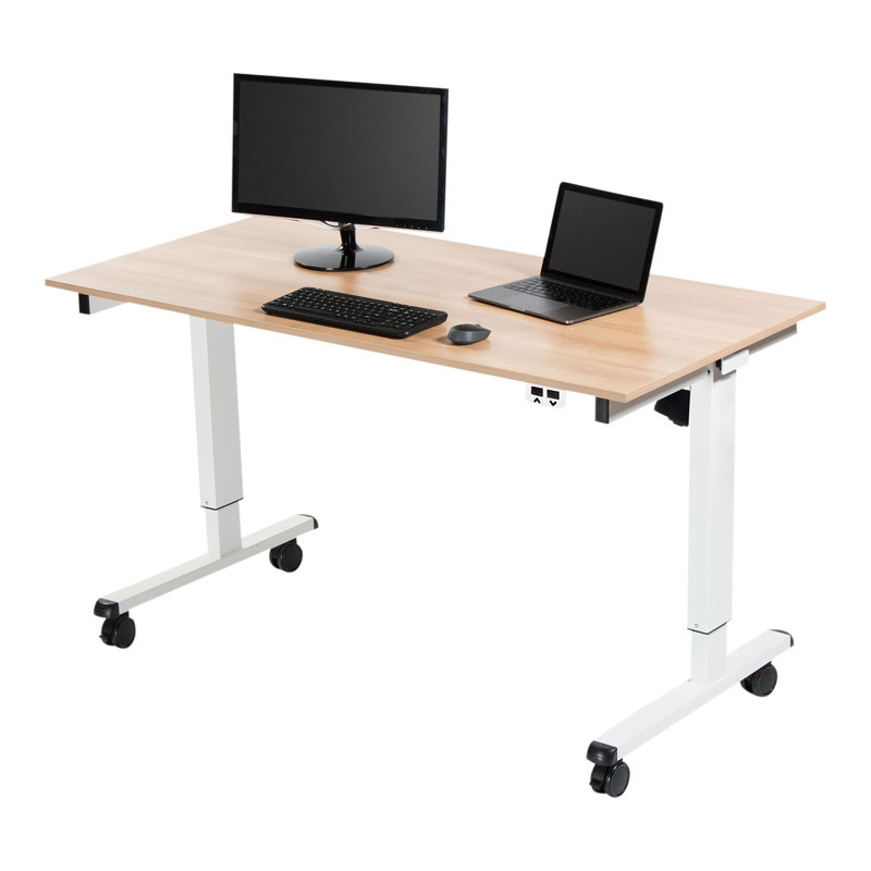 Adjustable Metal Base Standing Desk, Natural Walnut/White, 32.5" H x 59" W x 29.5" D