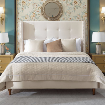 Upholstered Queen/King Size Bed with Button Tufting & Nailhead Trim- 54" Wingback Headboard Platform Bed