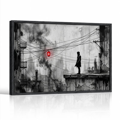 Urban Silhouette Man Under Red Lantern And Overhead Wires Canvas Wall Art