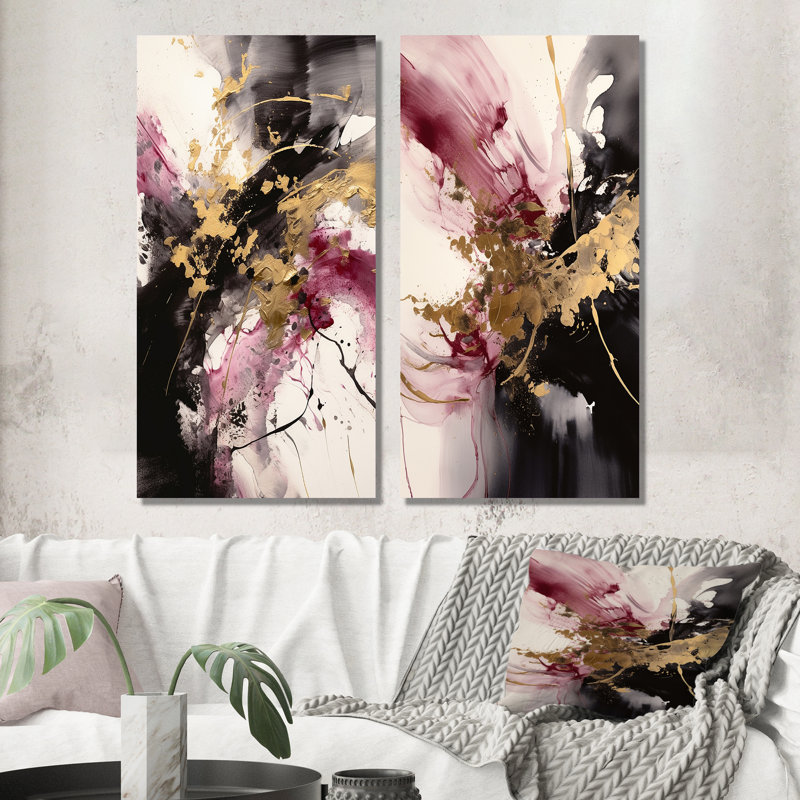 2 pièces sur toile - Or et rose fluides fusion, H 32 po x l 32 po, Toile tendue