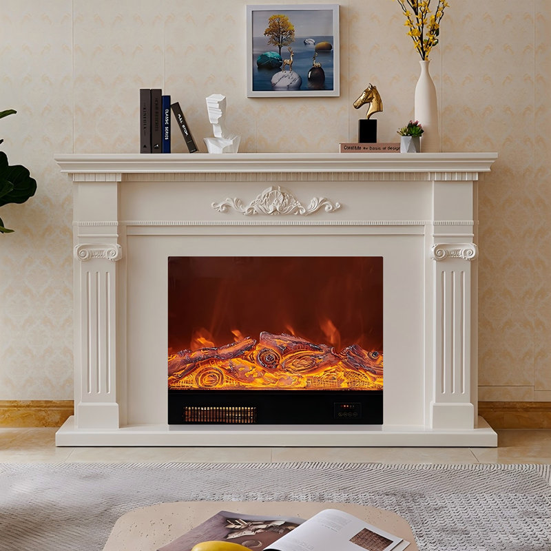 Foyer électrique ivoire en bois de chêne blanc, H 43,31 po x l 47,24 po x P 12,6 po