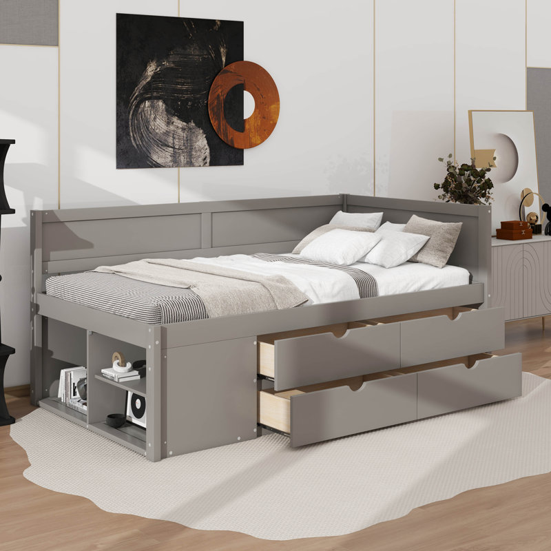 Lit de jour simple avec tiroirs et tablettes, Simple, Gris