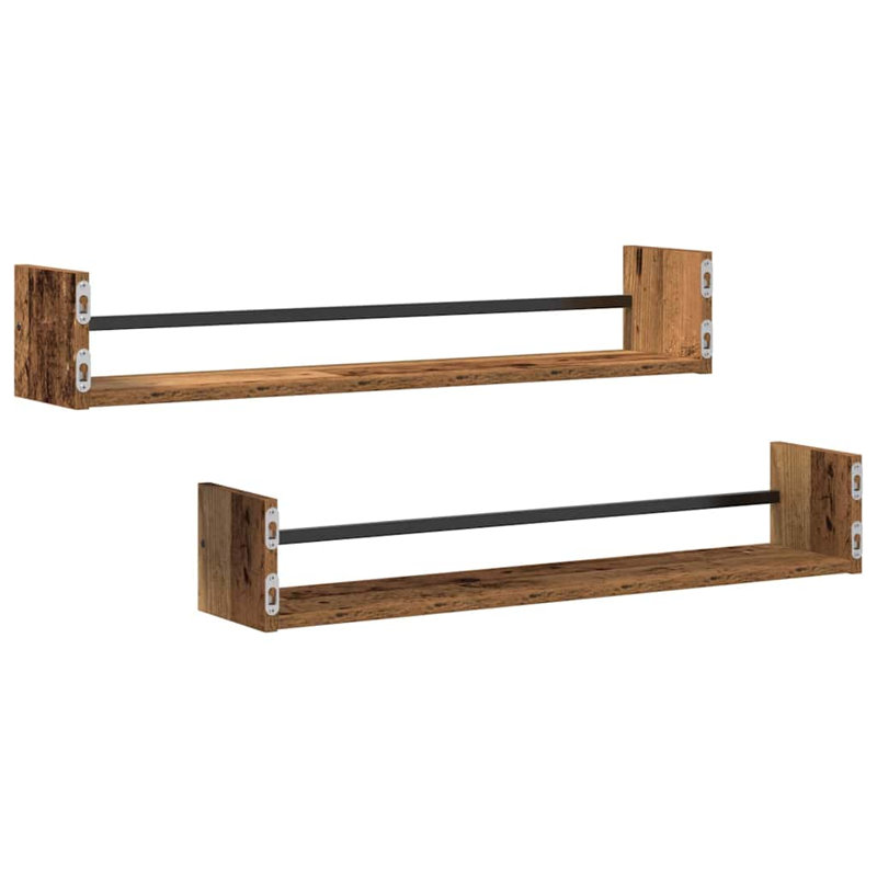 Wall Shelf 2 Pcs Engineered Wood, 14cm H x 80cm W x 16cm D, Old Wood