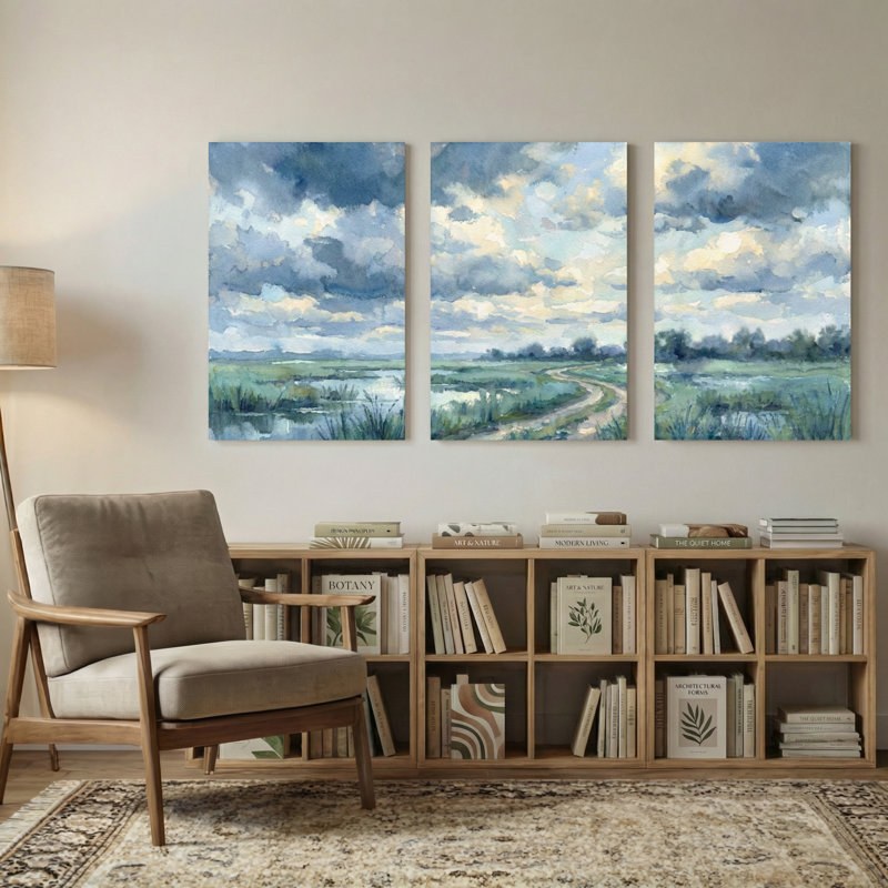 Plantes et fleurs, aquarelle, paysage, ciel, nuages, chemin, marais, herbe, ensemble de 3 impressions sur toile
