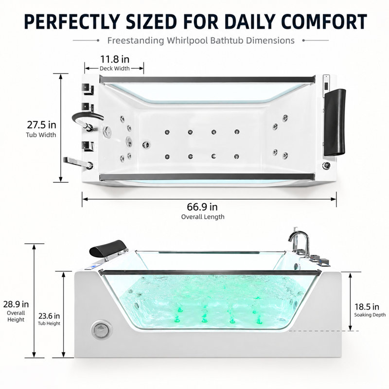 Baignoire balnéo autoportante en acrylique 170 x 71 cm avec chauffe-eau thermostatique, 8 jets d'eau, 8 jets d'air DEL, audio Bluetooth, panneau de commande numérique, appuie-tête et robinetterie inclus, vidange réversible (gauche/droite), blanche