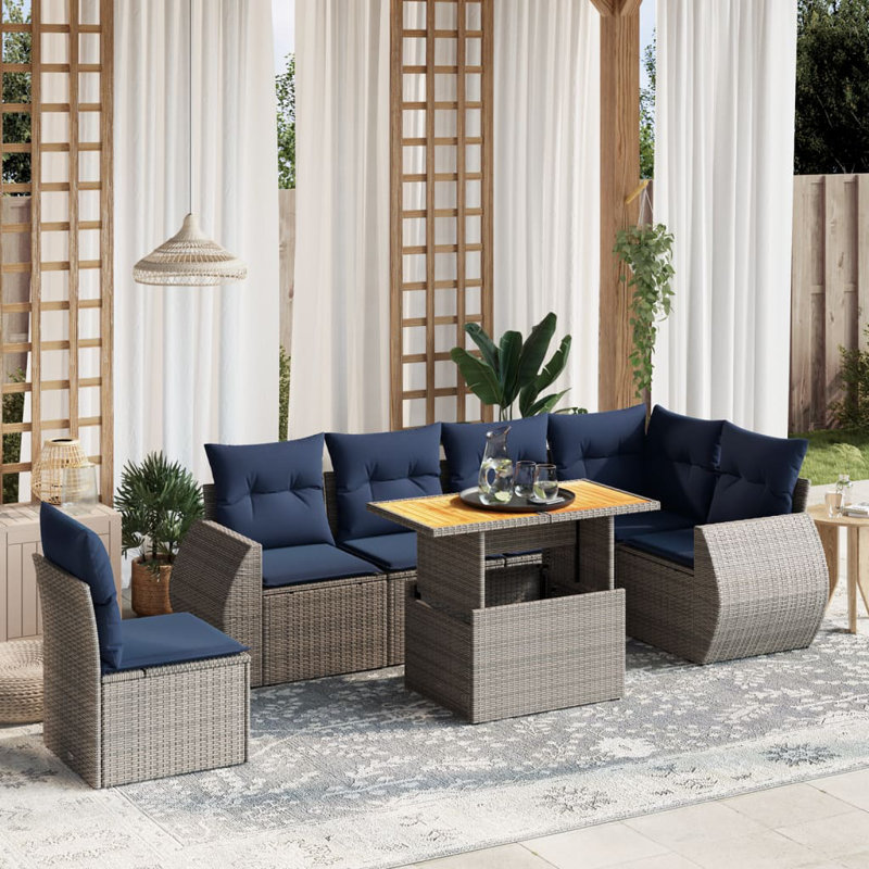  Ensemble de canapé de patio 7 pièces avec coussins en rotin de polyester, Gris, Bleu