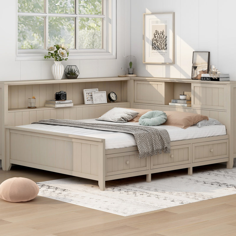 Lit de jour au lait blanc antique avec options multiples et 3 tiroirs, fabrication en bois robuste pour une longue durée de vie des tablettes de rangement pleine grandeur, abat-jour et durabilité