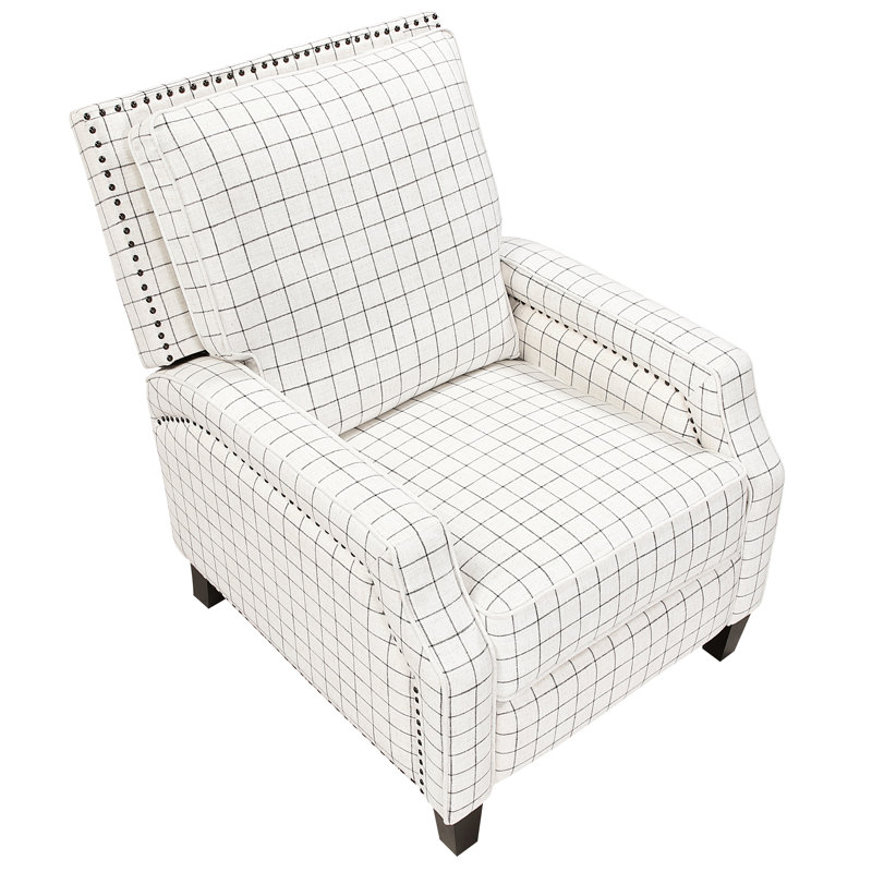 Fauteuil de style transitionnel, tissu écossais noir, siège renforcé en métal, rembourrage en mousse sur ressorts ensachés, coussins de dossier et de siège attachés, pieds en bois exposés avec finition, fonction de poussée,