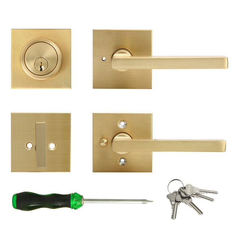 Poignée de porte levier d'intimité robuste en or et serrure à pêne dormant simple à cylindre, ensemble de serrure de porte extérieure avec pêne dormant (ensemble de 3, laiton satiné)