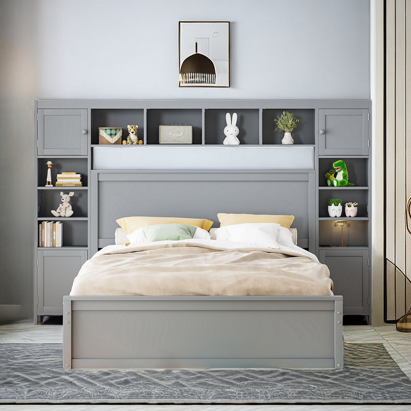 Hachiro Bookcase Bed with Shelves and Cabinets, Sockets, Four Drawers, Gray