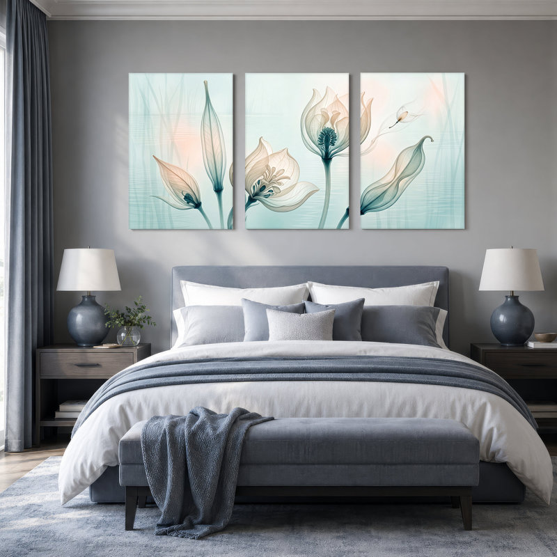 Ensemble de 3 toiles translucides bleu sarcelle et pêche, H 24 po x l 16 po x 3 pièces