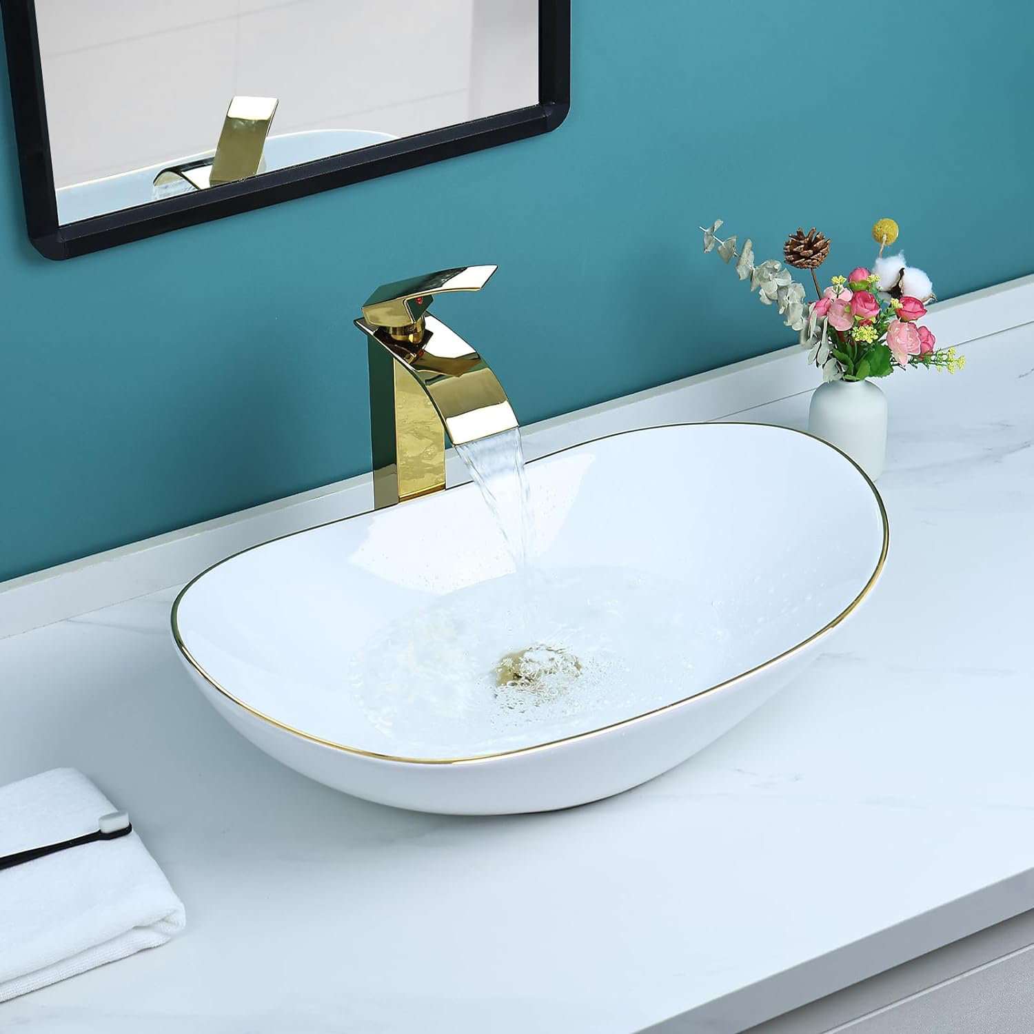 Davivy 14.2'' White Ceramic Oval Vessel Bathroom Sink with Overflow