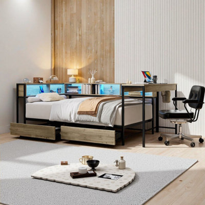 Modern Corner Twin Bed Frame with Bookcase & Storage Drawers | Reversible Design w/ LED Lights & Charging Station - Grey