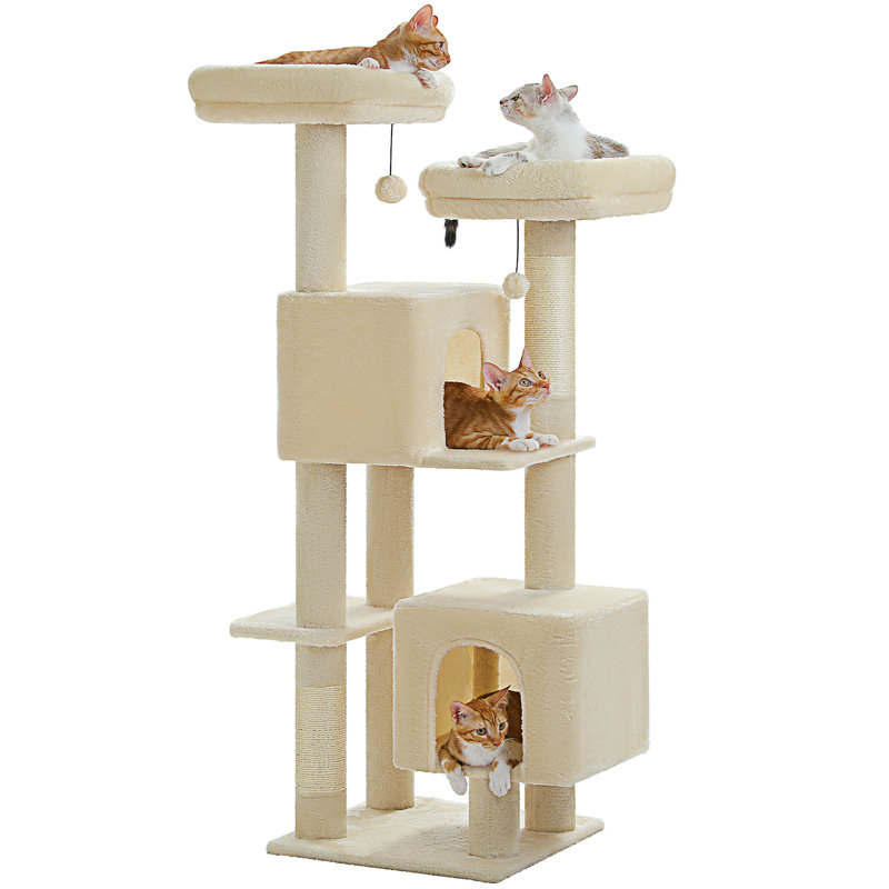 Tour à chat pour chats d'intérieur, 2 perchoirs rembourrés, 2 condos et 2 poteaux à griffer, Beige