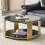 Table basse ronde avec plateau en verre trempé noir et structure en acier inoxydable doré