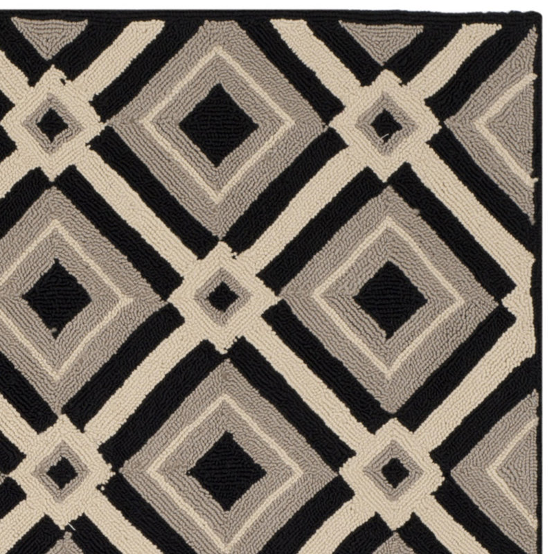 Tapis noir / gris à motif géométrique crocheté à la main Hayes, Carré 6 pi