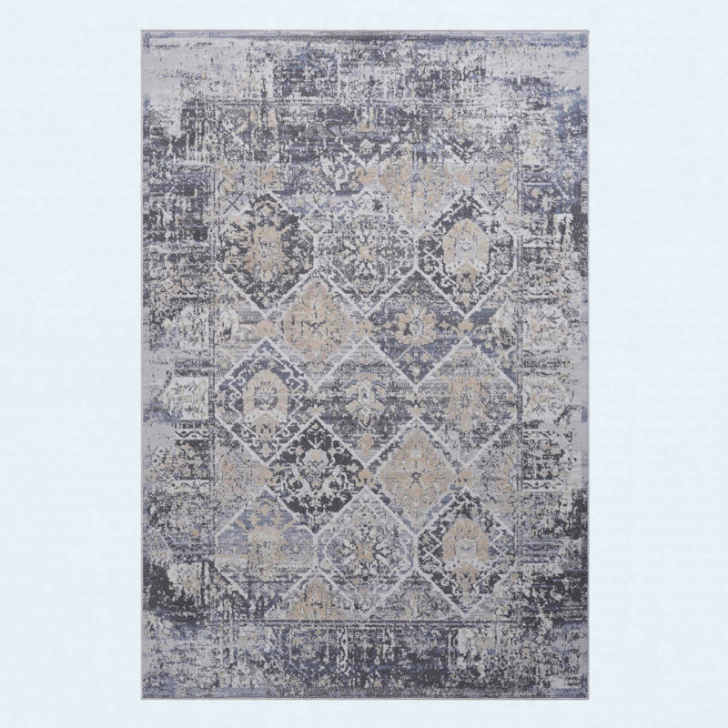Area Rug Synthetic Fiber Stain Resistant Non-Shedding Traditional Grey Blue Medium 6' x 9'