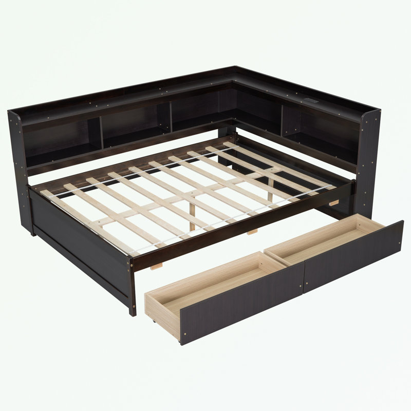 Lit pour bibliothèques avec prises de courant, ports de chargement USB et deux tiroirs, Lit double, Espresso