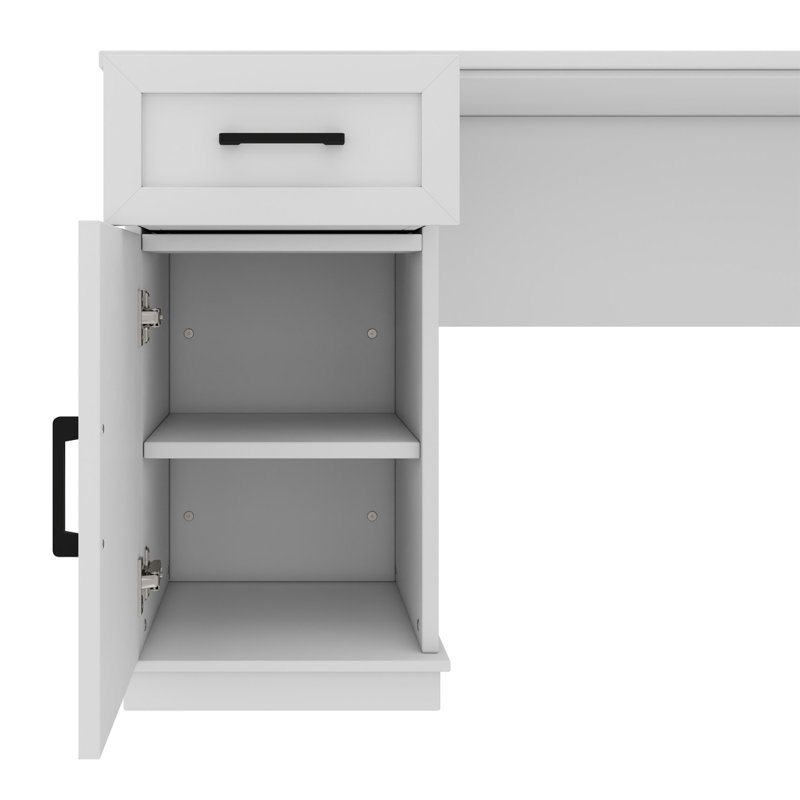 Bureau d'ordinateur en L avec 2 armoires et 2 tiroirs, 11 tablettes ouvertes et 1 tablette rabattable à droite avec rangement, avec prise de courant, pour bureau, salon et bureau, blanc