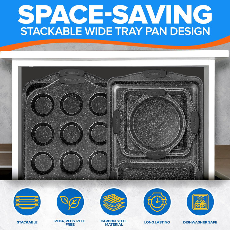 Baking Pan Set - Nonstick Coating, Carbon Steel Bakeware Sets With Gray Silicone Handles, Pfoa, Pfos, Ptfe Free, Recipe Booklet Included, Oven Safe Tray (up To 450° F), Set Of 6 - Gray
