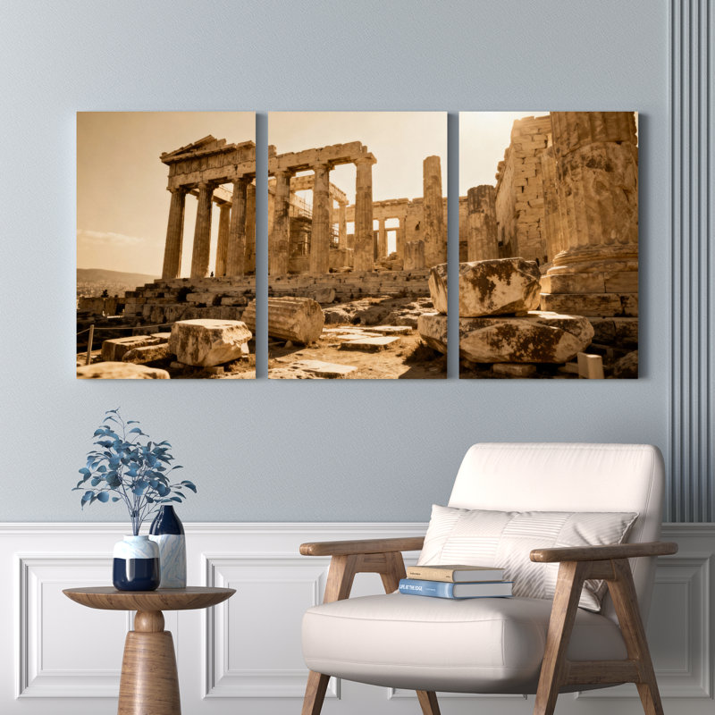 Ensemble de 3 tableaux sur toile représentant l'architecture des temples des ruines de la Grèce antique, H 18 po x l 36 po