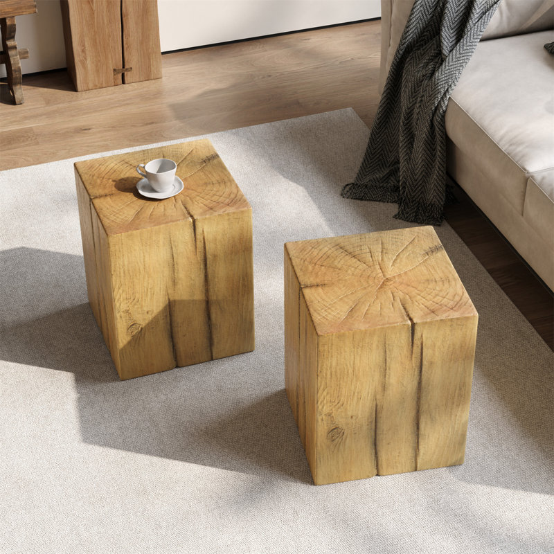 Wood-Look Square-Column MGO End Table, H18",Wood-Like Distressed Finish, Mix With Different Heights, Indoor Outdoor Use,Natural Color