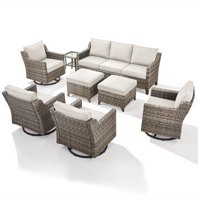 Maelie 8-Piece Patio Conversation Set, Outdoor Wicker Sofa With 4 Swivel Gliders, 2 Ottomans And Side Table, Beige