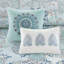 Édredon réversible en coton très grand - motif floral bleu, taies d'oreiller brodées taille médaillon, jupe de lit incluse-116011582