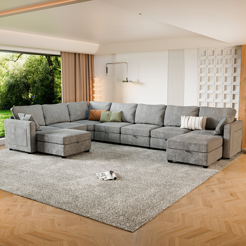 158.6’’ Wide U-Shaped Modular Sectional Sofa Couch With Storage Ottoman, Gray Chenille