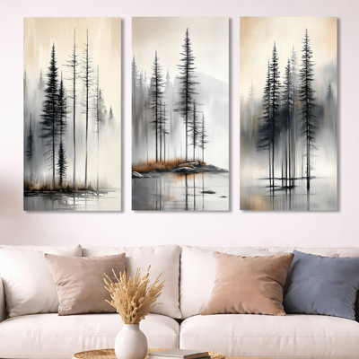 Misty Summer Pines – Beige Pine Trees Metal Wall Print Set of 3