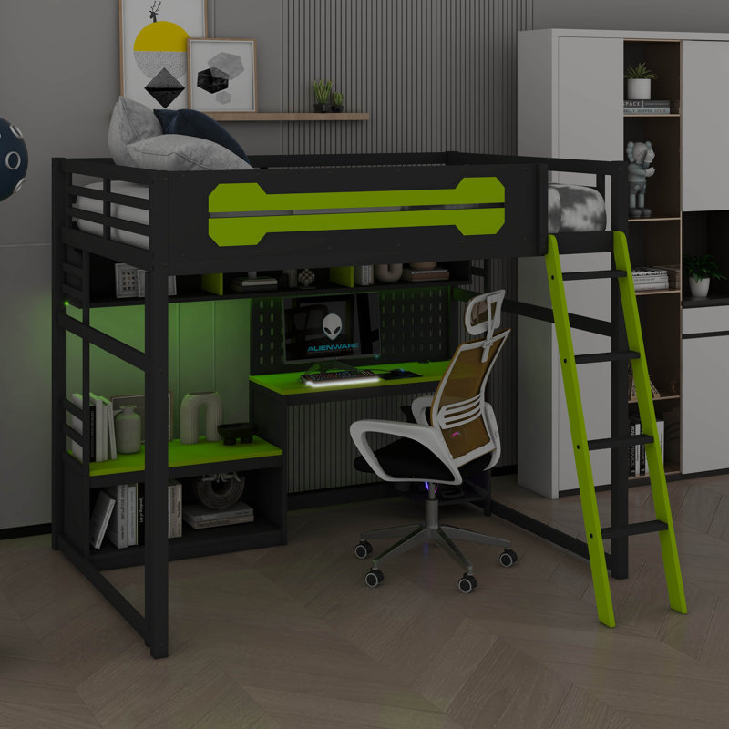 Lit mezzanine double en bois avec bureau intégré et éclairage, avec tablettes de rangement, Noir/vert