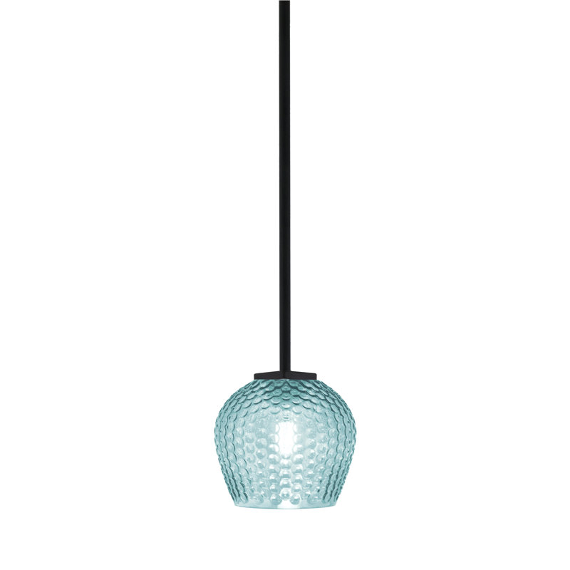 Mini pendentif suspendu présenté en finition noir mat avec verre texturé turquoise de 15 cm, Noir mat, Bleu sarcelle