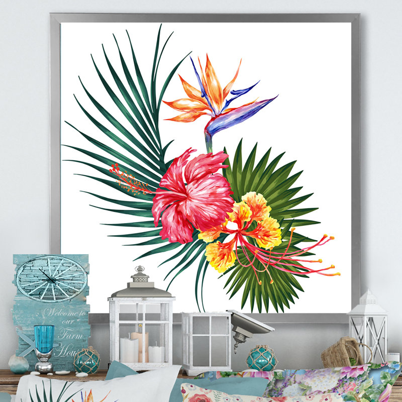 Fleurs exotiques colorées II - sur, H 36 po x l 36 po x P 1,5 po, Toile argentée avec cadre photo