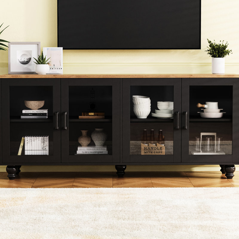 Meuble télé contemporain avec finition noire, pour téléviseurs de 70 po, noyer foncé, armoire ajustable compatible avec 2 tablettes et beaucoup d'espace de rangement