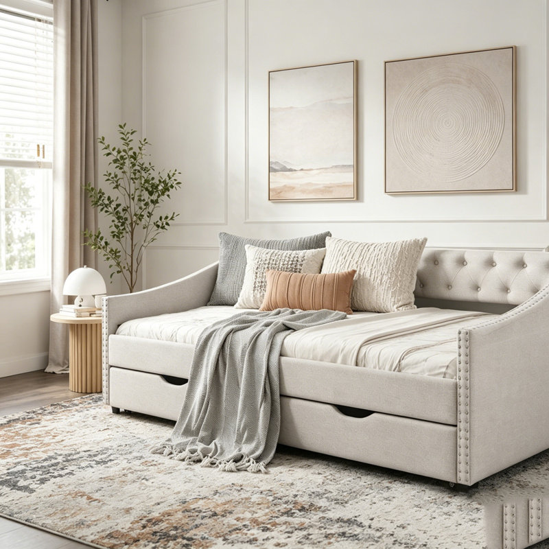 Canapé-lit rembourré capitonné, Lit double, Beige