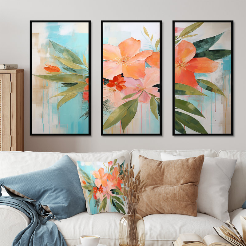 Art moderne moderne, fleurs tropicales roses et vertes - Collages abstraits, H 28 po x l 36 po x P 1 po, Cadre flottant noir
