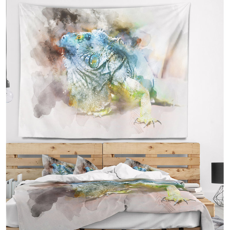 Iguane abstrait, gros plan, peinture sur tapisserie, H 32 po x l 39 po