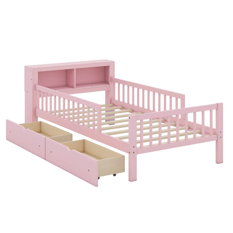 Lit plateforme simple avec garde-corps à 3 côtés et 2 tiroirs sous le lit, Rose