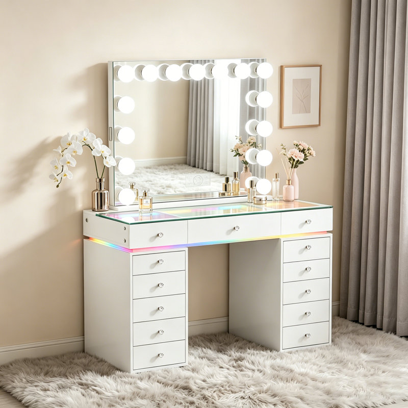 Makeup Vanity Set with LED Lighted Mirror HD Glass Top Built-in LED Light Strips Large 13 Drawers
